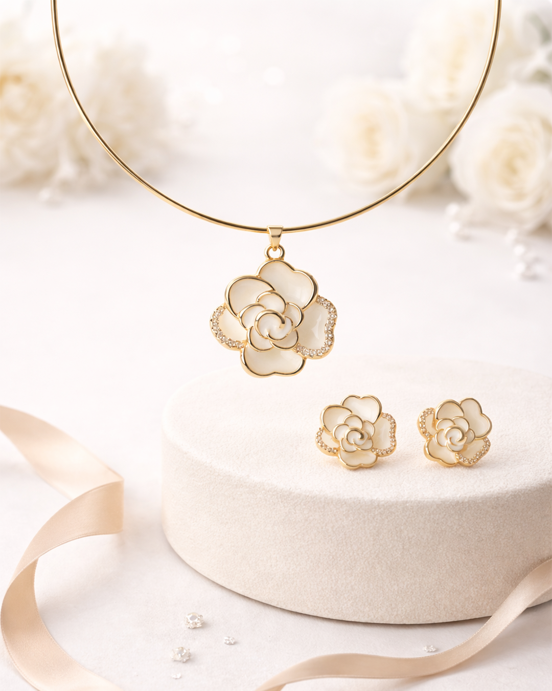 ✨Brincos flor resinado e detalhe cravejado banhado