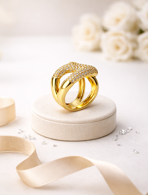 ✨ Anel regulável duas pontas, lisa e cravejada em Ouro 18k